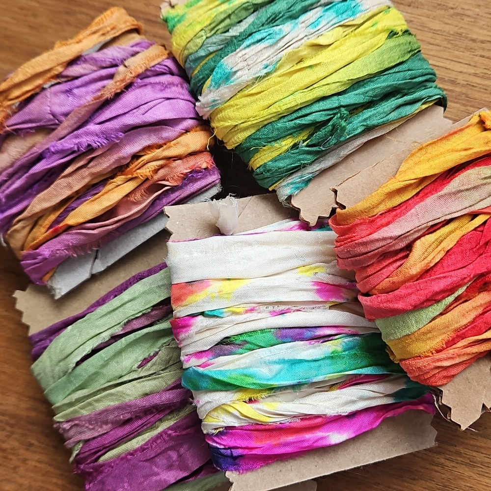 🦋 25 YARDS - SINGLE BATCHES recycled Hand Dyed Sari Silk Ribbon *read* - Picture 3 of 3